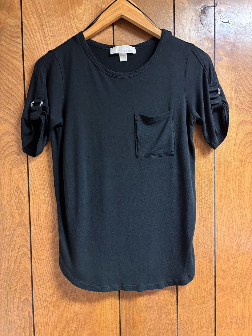Michael Kors Black Top with Silver Hoops on Sleeves